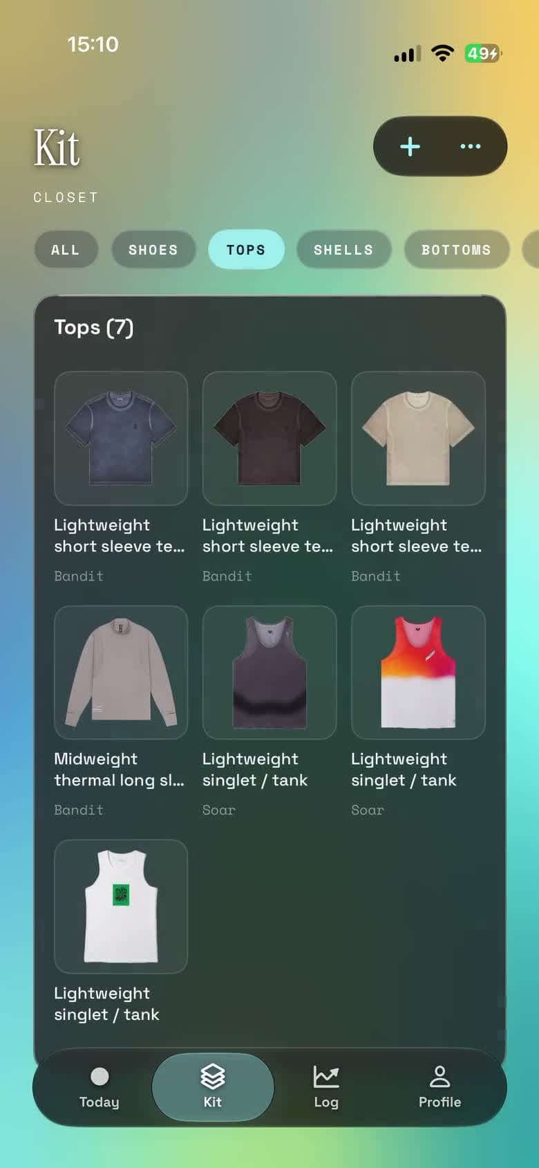 Layer’s Kit screen with the runner’s saved clothing.
