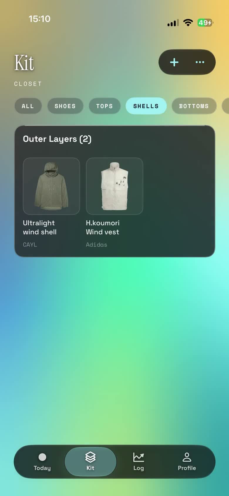 Layer’s Kit screen showing a personal wind shell and vest, with Shells selected.