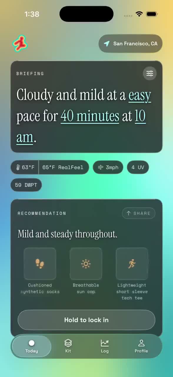 Layer’s Today screen showing run time, duration, effort, weather, and the recommended outfit.