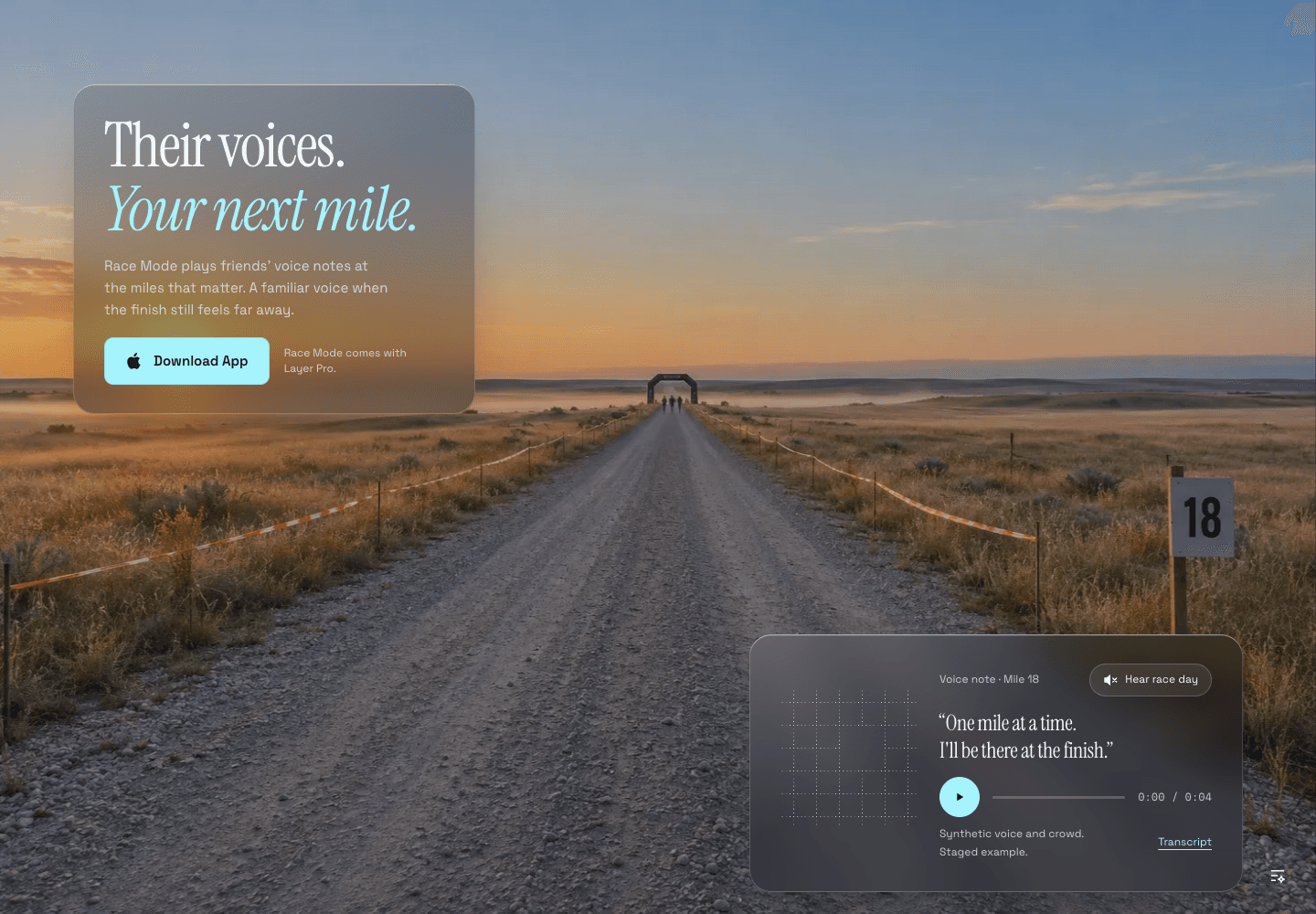 Layer’s website Race Mode preview with a course and a voice note at mile 18.
