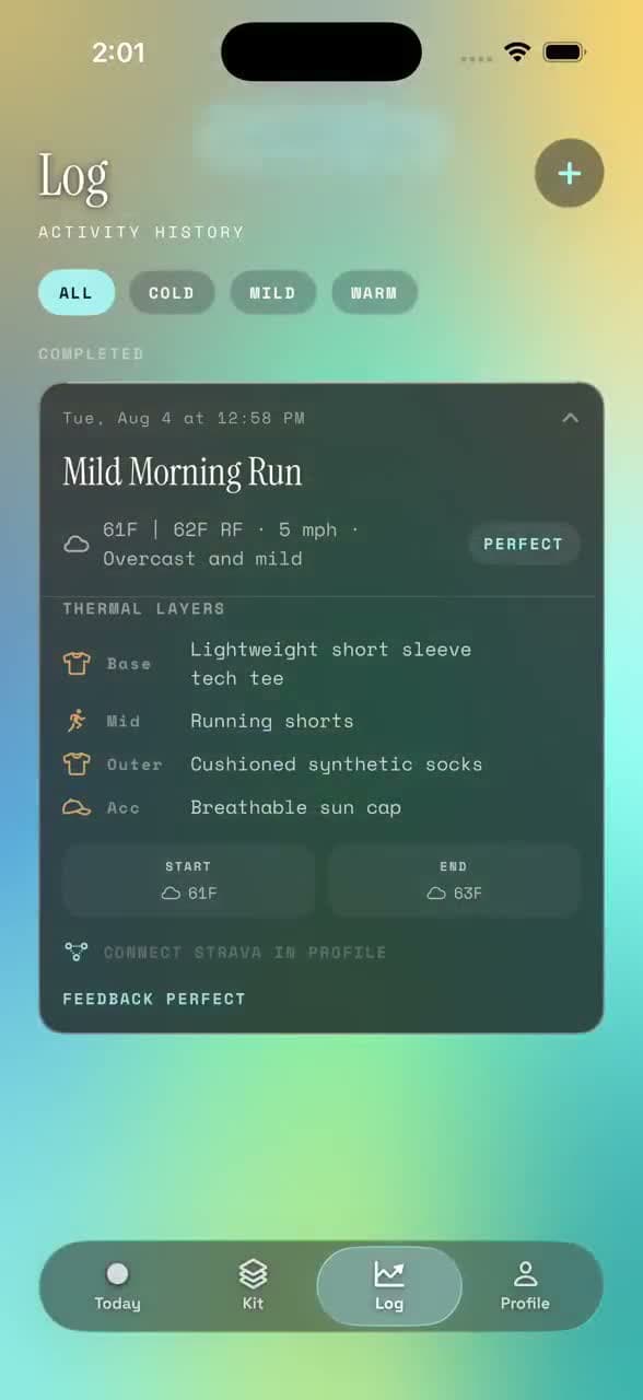 An expanded Layer run log showing the outfit, weather, and saved comfort feedback.